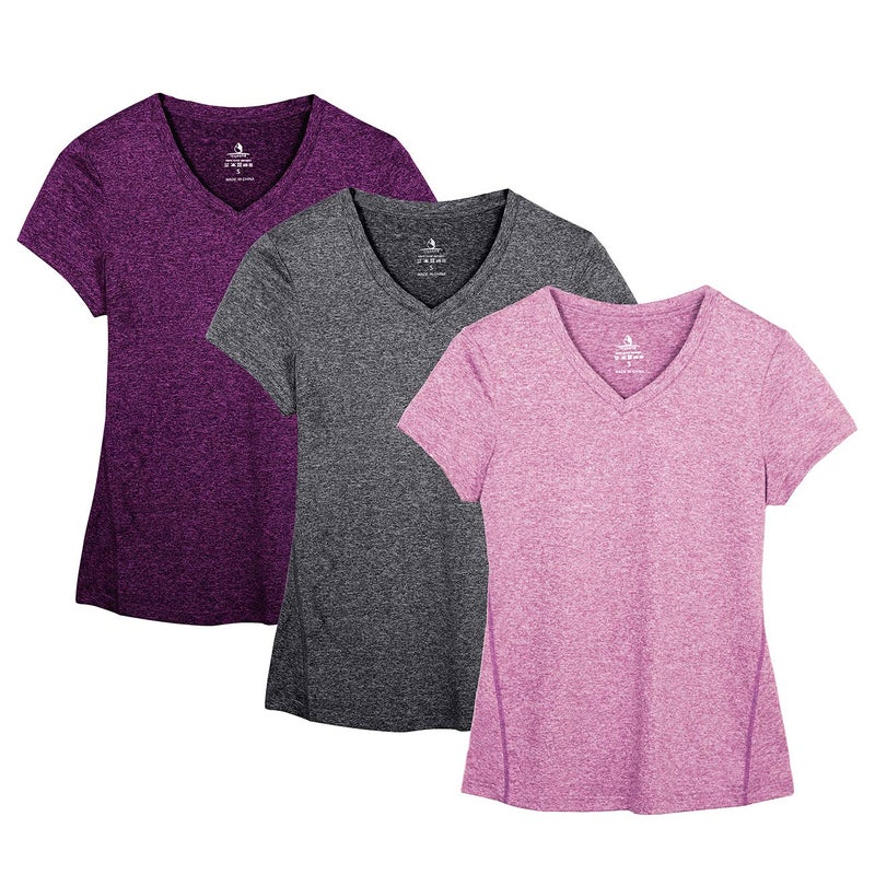 icyzone Workout Shirts Yoga Tops Activewear V-Neck T-Shirts for Women Running Fitness Sports Short Sleeve Tees (XXL, Charcoal/Red Bud/Pink) - Image 1
